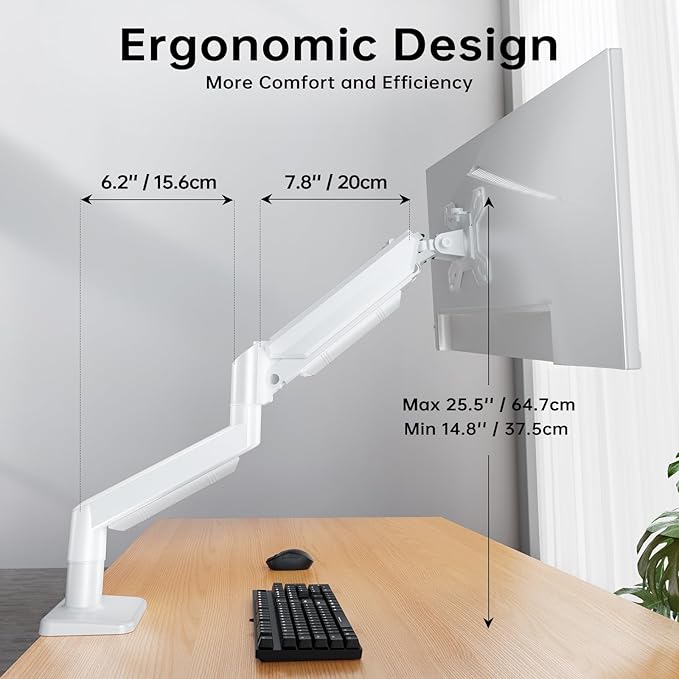 Single Monitor Stand for 13 to 32 inch Screens, Gas Spring Monitor Arm with Swivel, Tilt, Rotation, Height Adjustable, Desk Mount with C-Clamp and Grommet Base, Holds 4.4 to 19.8lbs Screen, White