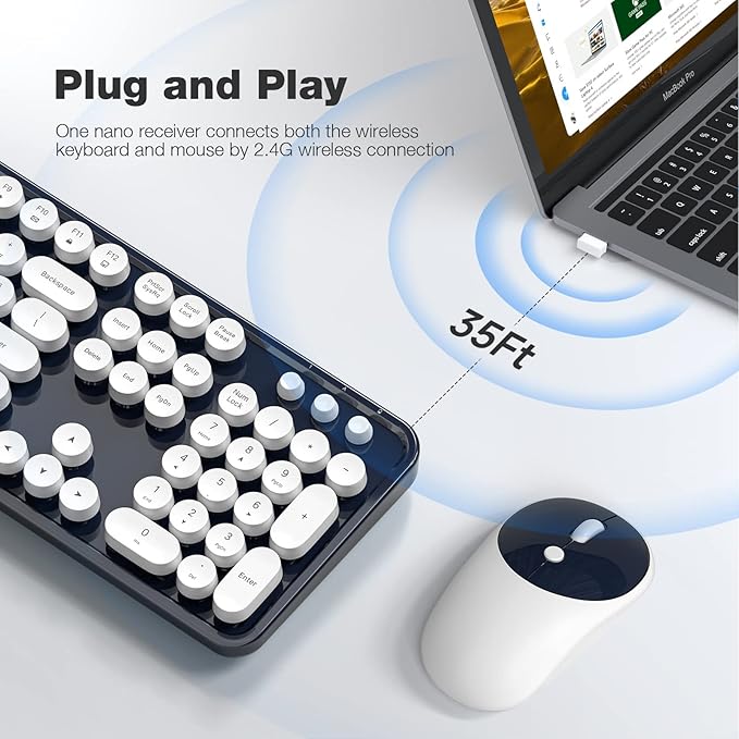 KNOWSQT Wireless Keyboard and Mouse Combo - White-DarkBlue Full-Sized 2.4 GHz 104 Keys Typewriter Keyboard, Flexible Round Keycap and Optical Mouse for Windows, Computer, PC, Laptop, Desktop, Mac
