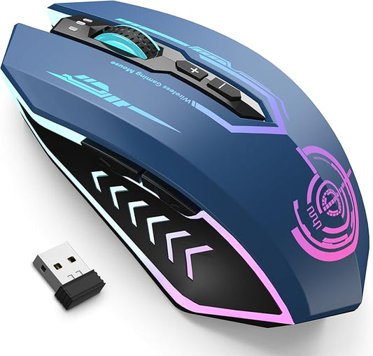 UHURU Gaming Mouse, Wireless Gaming Mouse with 7 Buttons 7 Changeable LED Color up to 12000 DPI, Rechargeable USB Gamer Mouse for PC Laptop (Blue)