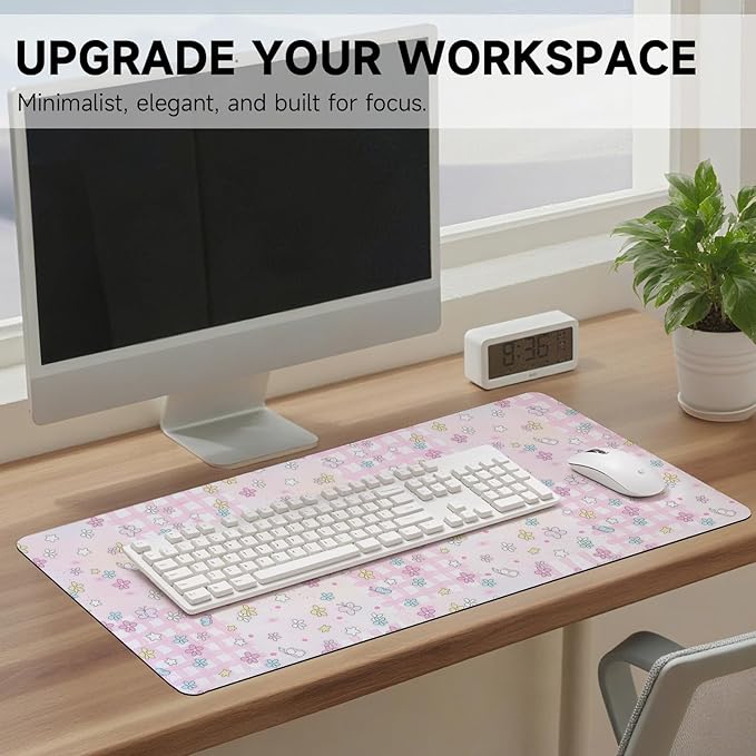 AUPET Leather Desk Pad Blotter Mat, Large Mouse Pad, Non-Slip Waterproof Desk Writing Pad Protector, Desk Decor for Office，Home，Gaming (Pink-Checkered Flower Butterfly, 35.4X15.7 inch)