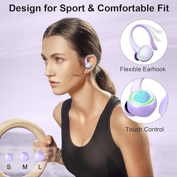 Wireless Earbuds, Bluetooth Headphones Sport, Deep Bass Fitness Earphones Gym Running, IP7 Waterproof Headset with Earhook Workout, 50H Playback Over-Ear Buds with ENC Noise Cancelling Mic