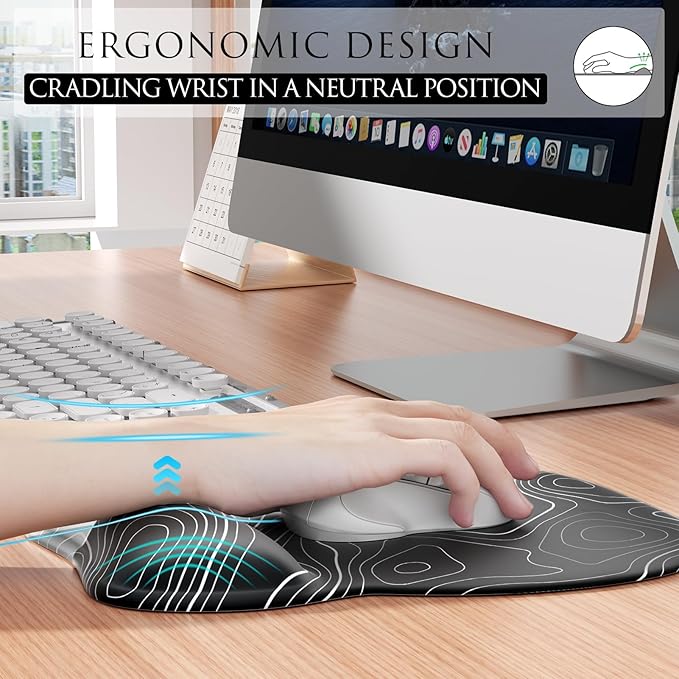 MROCO Ergonomic Mouse Pad with Gel Wrist Rest, Smooth Wrist Support Surface, Non-Slip PU Base for Pain Relief, Comfortable Mousepad for Computer, Laptop, Office & Home, 9.4 x 8.1 in, Black Topographic