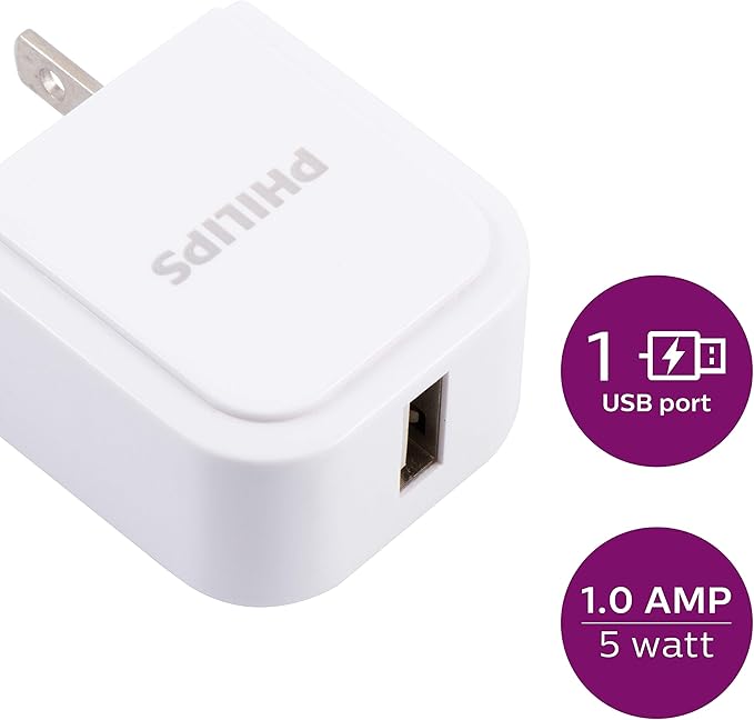 Philips Accessories USB-A Wall Charger, 5W, for iPhone 13/12/11/Pro/Pro Max/Mini, iPad Pro, Samsung Galaxy S21, Google Pixel 6, DLP2409/37