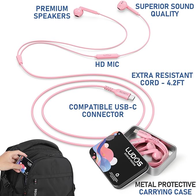 LUDOS FEROX USB C Headphones for iPhone 17 16 15 Pro Max Plus Air iPad Pro, 5 Years Warranty, USB-C Earbuds for Samsung Galaxy S24 S23 Ultra S22 S21 FE S20 Z Flip 3 Fold 4 A53, USB Type C Earphones