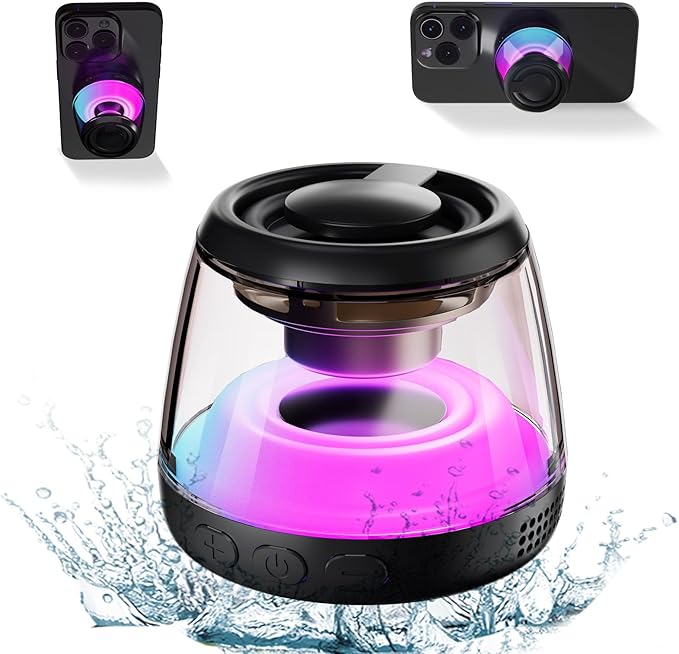Magnetic Bluetooth Speaker,Wireless Induction Bluetooth Speaker,Mini Portable Cell Phone Stand for iPhone, Lanyard & RGB Night Light,or Home,Outdoors,Pool,Gift (Black-1PCS)