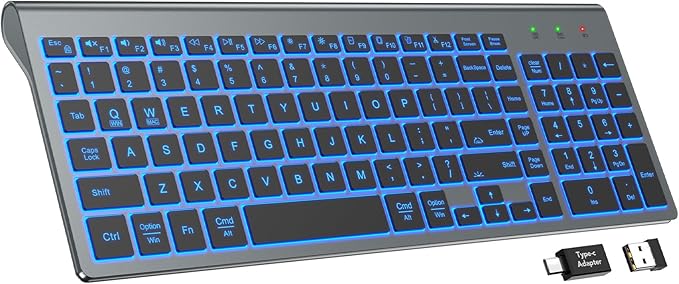 SABLUTE Wireless Keyboard with 7 Colored Backlits, Rechargeable Silent Compact Cordless Computer Keyboard with Low Profile Quiet Light Up Keys for Windows, PC, Linux, Chrome, Mac (Grey)
