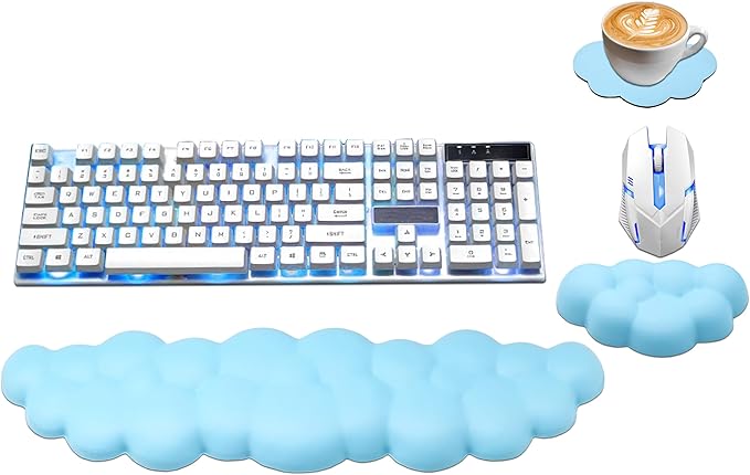 Cloud Wrist Rest Keyboard, PU Leather Memory Foam Wrist Support for Computer Keyboard, Ergonomic Keyboard Pad and Cute Mouse Wrist Pad for Gaming, Office, Computer, Easy Typing Pain Relief, Sky Blue