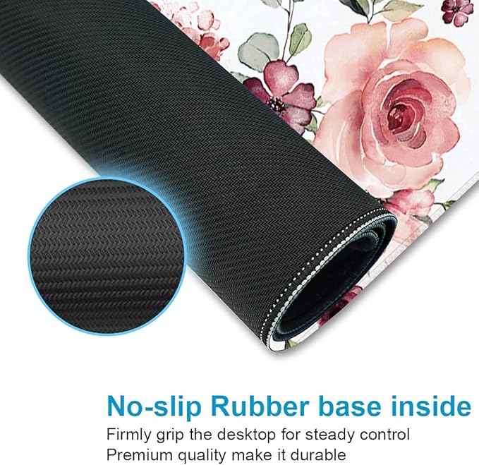 XXL Waterproof Office Desk Pad Protector 35.4x15.7 Inch - Extended Gaming Mouse Pad with Non-Slip Rubber Base, Thickened Keyboard Mat, Stitched Edges & Peony Flowers Design