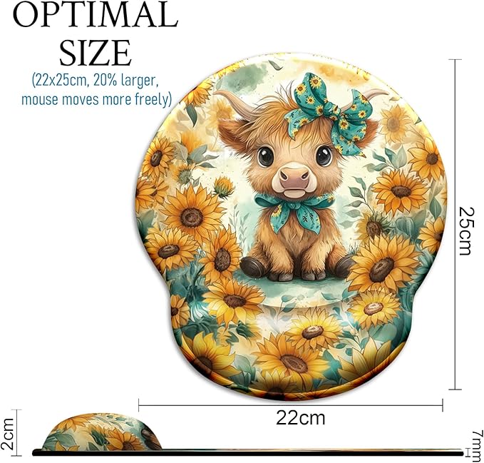 Mouse Pad with Wrist Rest, Highland Cow Sunflower Ergonomic Mousepad Wrist Support for Desk, Cute Bow Animial Gaming Mouse Pads for Wireless Mouse Computer Work Home Desk Accessories Office Supplies