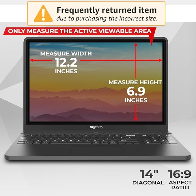 SightPro Magnetic Laptop Privacy Screen 14 Inch 16:9 - Patented Removable Laptop Privacy Filter Shield and Protector