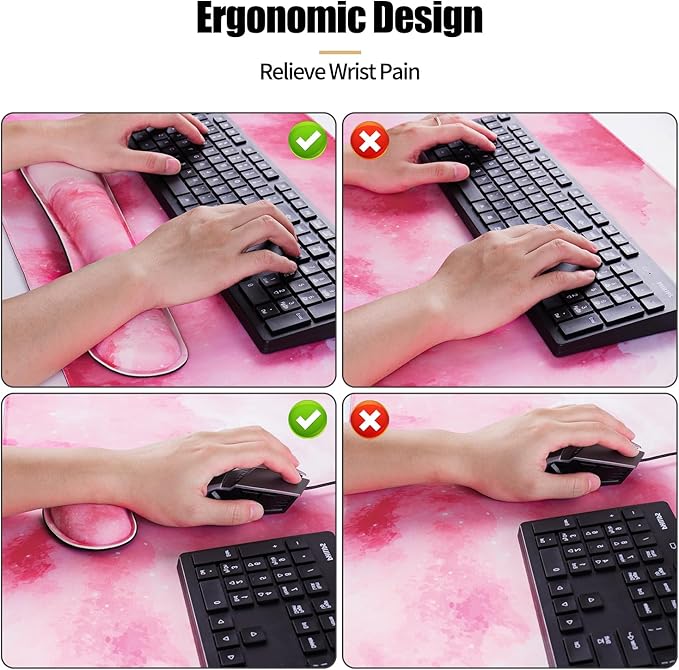 Bloss Clouds Mouse Pad and Keyboard Wrist Rest, 4-in-1 Desk Mat, Cute Desk Pad Easy Typing & Pain Relief, Desk Decor for Women Girls-Pink Clouds(35.4 x 15.7 Inches)