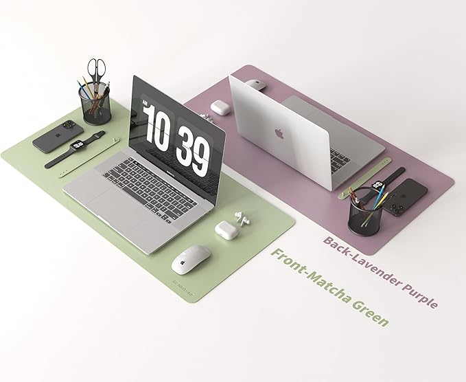 RENMTURE Double-Sided Two-Tone Faux Leather Desk mat Desktop Organization and Accessories Home and Office Large Mouse pad Game and Work (Matcha Green/Lavender Purple, 32"x16")