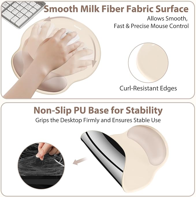 Sushret Mouse Pad and Keyboard Wrist Rest, 3-in-1 Gel Memory Foam Ergonomic Mouse Pad with Wrist Rest Set, Gaming Mousepad Arm Cushion Support for Computer Office Desk Accessories Cute Setup,Apricot