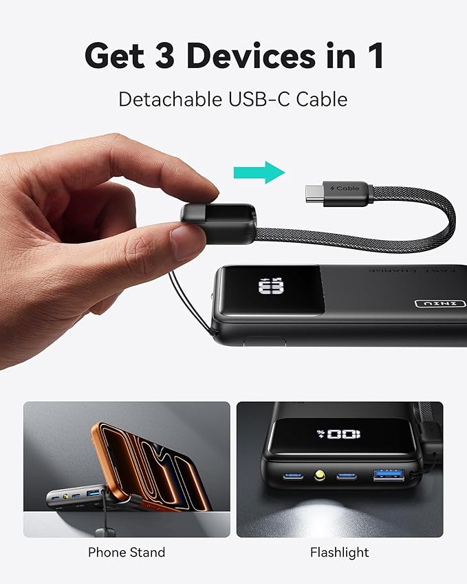 INIU Small Portable Charger, 45W PD Fast Charging 10000mAh Power Bank, Battery Pack with Attached USB C Cable, Travel Essentials Powerbank for iPhone 17 16 15 14 Pro Air, Xiaomi, Samsung S25 S24 etc