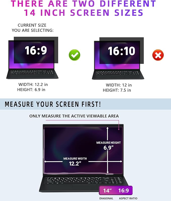 PYS 4-Way Privacy Screen for Laptop 14 Inch 16:9-360° Anti-Spy Filter, Matte Anti-Glare Protector, Scratch-Resistant Film, Laptop Privacy Filter Shield