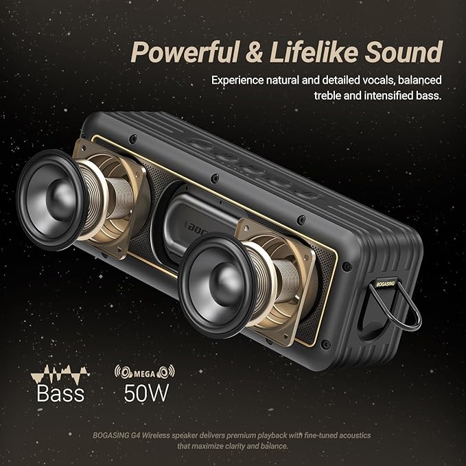 BOGASING G4 Bluetooth Speaker, Portable Wireless Speakers, 50W Stunning & Balanced Sound with Rich Bass, 24H Playtime, IPX7 Waterproof, Bluetooth 5.3, EQ, TWS, TF-Card, AUX, USB, for Outdoor Home