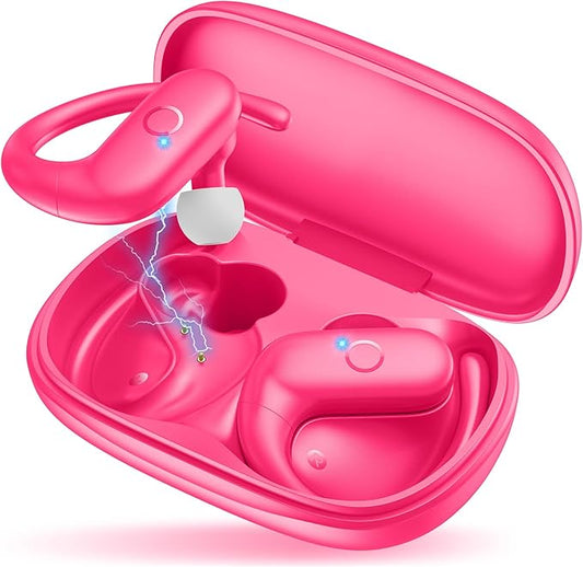 MOZOTER Wireless Earbuds Bluetooth 5.3 Headphones Sport,Over Ear Buds with Deep Bass Sound,60Hrs Playtime Earphones Redesigned Comfort Fit with Earhooks for Running,Meeting,Workout-Pink