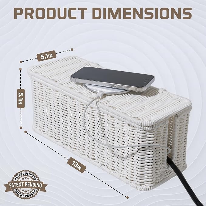 Cable Management Box, Handmade Rattan Cable Organizer with 2 Open Slots, Cord Hider for Power Strip, Router & USB Hub, Registered U.S. Design Patent (D1,112,102), 13" x 5.1" x 5.1", White - Image 2
