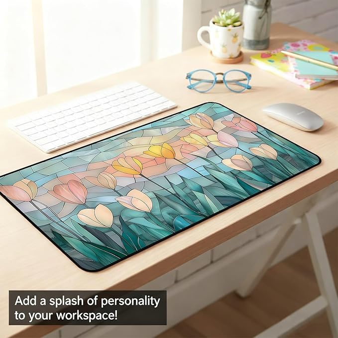 Faux Colorful Glass Desk Mat, Tulip Long Mouse Pad, Large Gaming Computer Keyboard Mats, Soft Full Deskamt, Office Desktop Cover Pad, Aesthetic Desk Accessories, Suitable Women 31.5"X15.7"