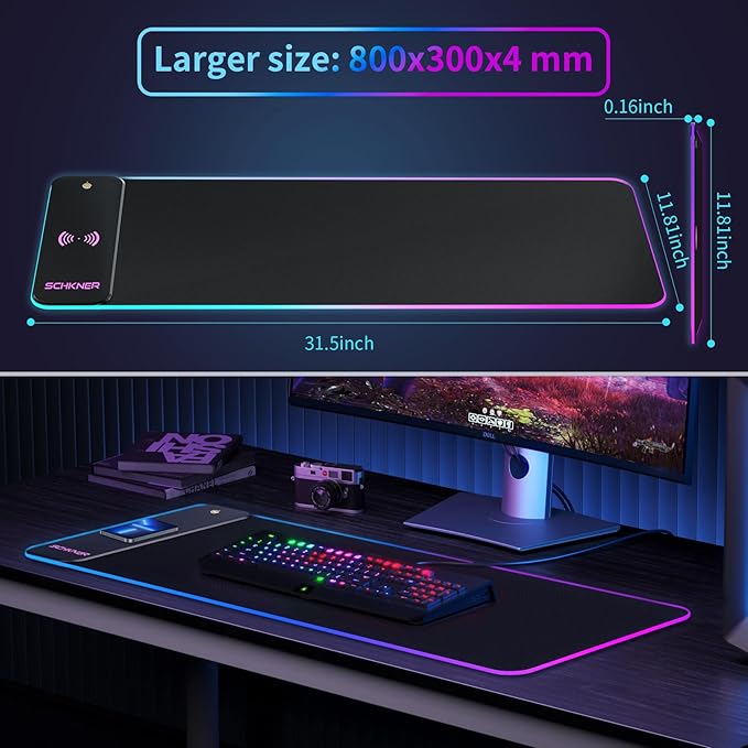RGB Gaming Mouse Pad with Wireless Charging 15W, Large Desk Mat 800x300x4mm, 10 Light Modes Keyboard Pad with Non-Slip Rubber Base, Waterproof Mousepad for Gaming PC MacBook Laptop