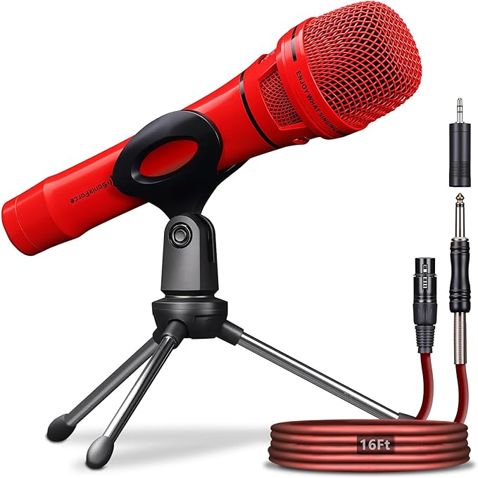 Dynamic Microphone - Professional Vocal Microphone for Singing - Premium Handheld Wired Mic with 16ft XLR to 1/4" Audio Cable - Microfono for Speaker, Mixer, Amplifier & Karaoke Machine