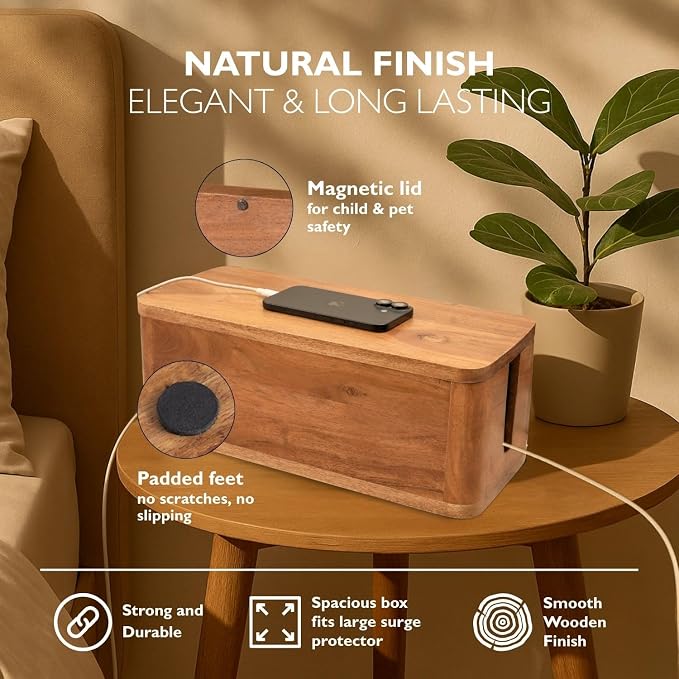 Large Cable Management Box - Acacia Wood - Cable Organizer Box and Power Strip Box for Electrical Cord Management - Hide Desk Cord and Floor Cables - Wire Storage and Organization for Cords - Image 3