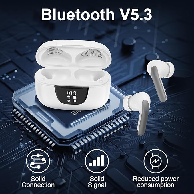 Wireless Earbuds for Samsung Galaxy S26 S25 Ultra, Bluetooth 5.3 Headphones Bass Stereo Noise Canceling Ear Buds with Mic LED Display, IPX7 Waterproof in Ear Earphones for Phone Laptop Sports Workout