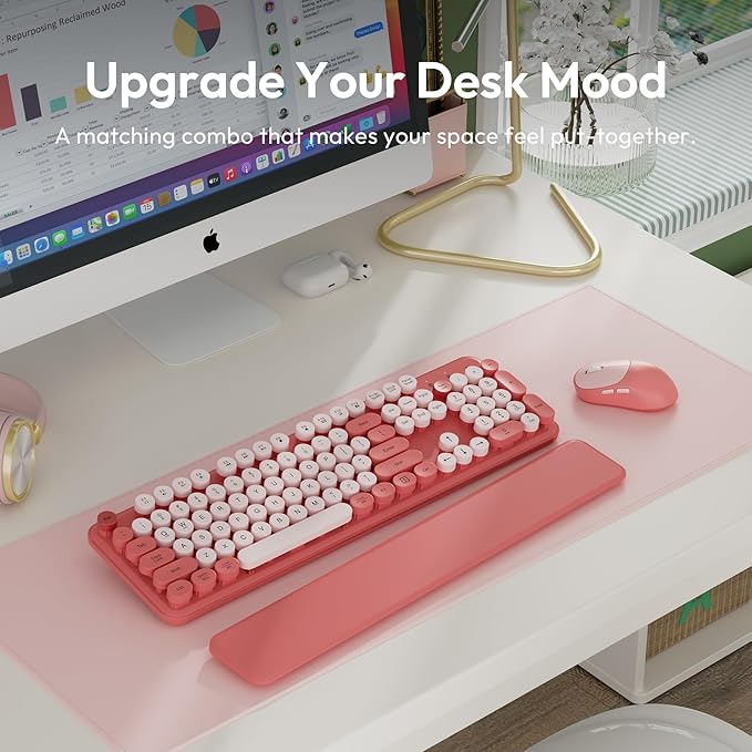 Wireless Keyboard and Mouse Combo, Typewriter Keyboard with Magnetic Wrist Rest, Full-Size Cute Round Keycaps, Sleep Mode, 2.4G Keyboards for Mac/Windows/PC, Office or Home, Trueque CK23Pro