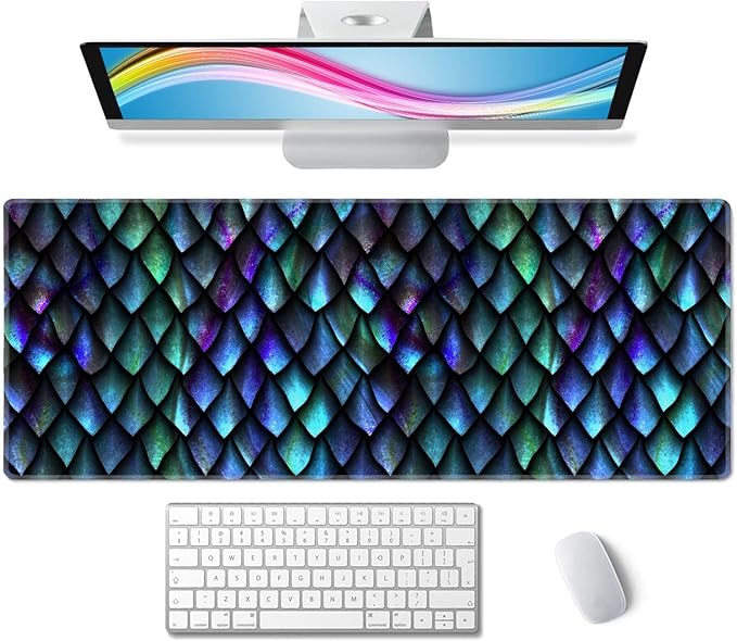Dragon Scales Large Gaming Mouse Pad for Desk, Desk Mat with Seamed Edges, Waterproof Desk Pad, Non-Slip Rubber Base, 31.5x11.8 Inch Keyboard Pad Computer Mat, Big XL Mousepad