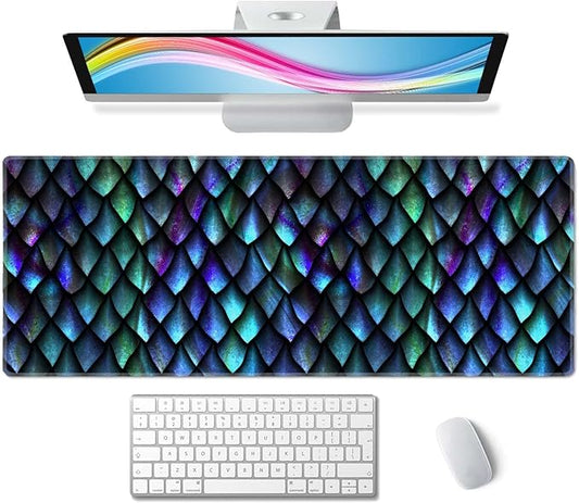 Dragon Scales Large Gaming Mouse Pad for Desk, Desk Mat with Seamed Edges, Waterproof Desk Pad, Non-Slip Rubber Base, 31.5x11.8 Inch Keyboard Pad Computer Mat, Big XL Mousepad