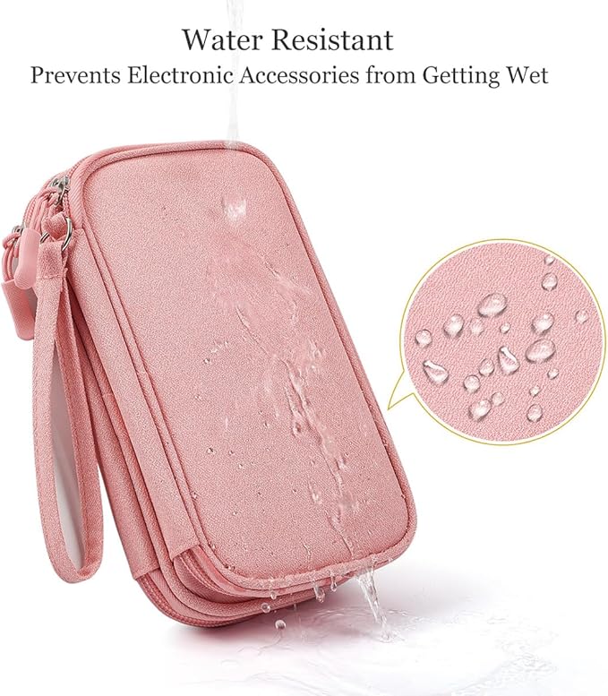 Electronic Cable Organizer Bag, Travel Electronic Accessories Carry Case Portable Waterproof Double Layers Storage Bag for Cable, Cord, Charger, Power Bank, Earphone (Light Pink, Medium)