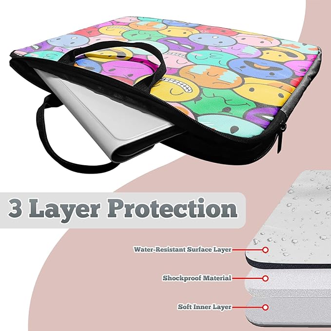 Laptop Sleeve Case 15 inch Plus Cute Mousepad, Colorful Smile Faces Slim Carrying Case Durable Handbag Protective Travel Laptop Bag for 13-15 inch Tablet,Laptop, Ultrabook Notebook
