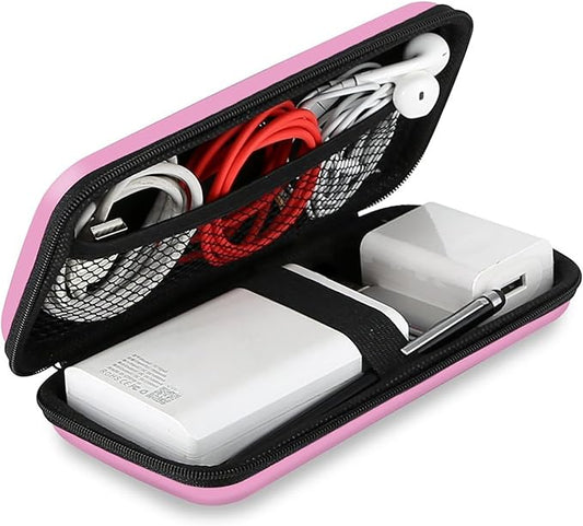 iMangoo Travel Essential Electronics Organizer Charger Case, Shockproof Dual Zipper Power Bank Cables Tech Accessories Pouch Purse, Men & Women Travel Must Have Storage Bag, 6.5x3.2x1 inch Pink