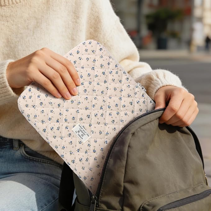 Puffy Laptop Sleeve Case Cute Computer Bag Flower Printed Quilted Laptop Carrying Cases Floral Pattern Protective Cover
