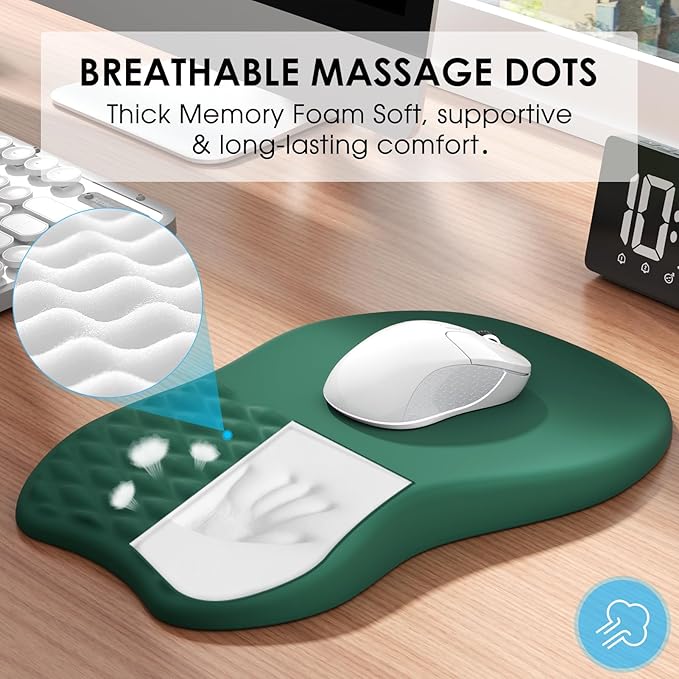MROCO Ergonomic Mouse Pad with Wrist Support, Wrist Rest Mousepads for Carpal Tunnel Pain Relief, Memory Foam Pad with Massage Bulge and Non-Slip Base for Office, Home, Forest Green