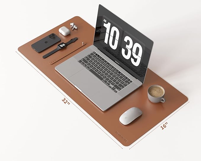 RENMTURE PU Mouse Pad, Faux Leather Large Desk Pad, Home Work Office Accessories, Non-Slip Desk Mat, Waterproof Gaming Pad Desk Blotter (32"x16", Brown)