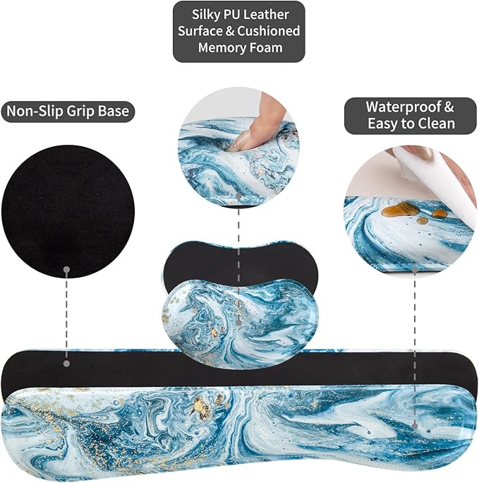 QiyI Leather Desk Mat Set, 4-in-1 Large Mouse Pad with Wrist Rest, Non-Slip Desk Pad + Keyboard Wrist Rest + Mouse Wrist Support + Coaster, Office Desk Accessories Home Decor Supplies, Blue Marble