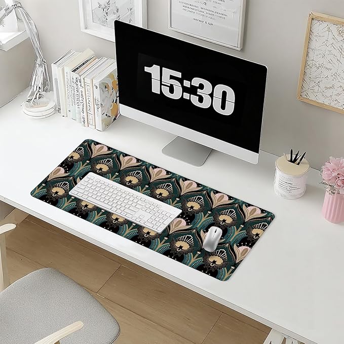 Art Deco Floral Mouse Pad 31.5x15.7inch, 1920s Maximalist Gothic Bats and Flowers Mouse Pads for Wireless Mouse Computers Laptop Desk Accessories, Gothic Office Supplies