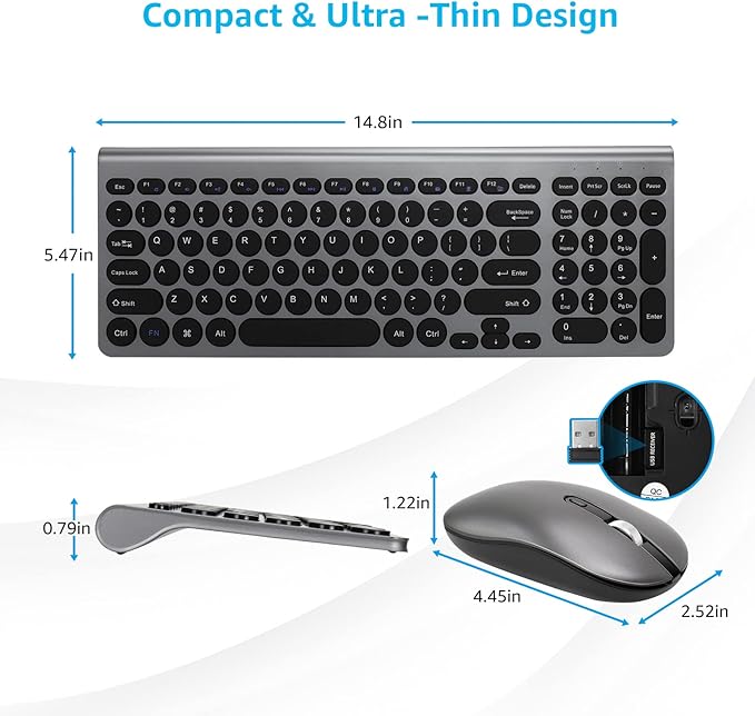 LeadsaiL Wireless Keyboard and Mouse Combo, Wireless USB Mouse and Computer Keyboard Set, Compact and Silent for Windows Laptop, Desktop, PC- Grey
