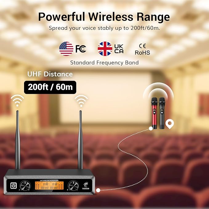 TONOR Wireless Microphones System, 2*15 Channel Metal Professional UHF Cordless Dynamic Handheld Mics with Receiver for Home Karaoke, Meeting, Party, Church, DJ, Wedding, KTV, 200ft, TW-820 Black&Red