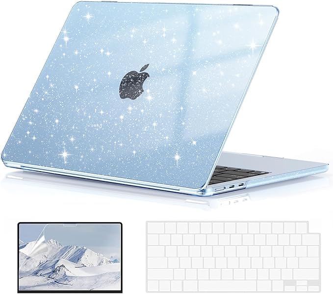 EooCoo Case Compatible with MacBook Air 13 inch M5 2026-2022 Release M4 M3 M2 A3449 A3240 A3113 A2681, Glitter Hard Shell&Keyboard Skin Cover&Screen Protector for Mac Air 13.6 inch, Sparkly SkyBlue