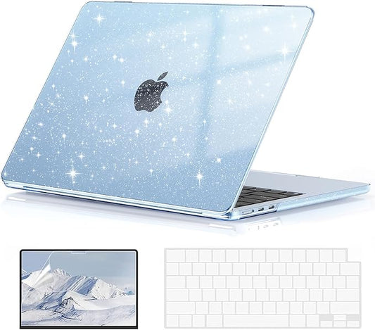 EooCoo Case Compatible with MacBook Air 13 inch M5 2026-2022 Release M4 M3 M2 A3449 A3240 A3113 A2681, Glitter Hard Shell&Keyboard Skin Cover&Screen Protector for Mac Air 13.6 inch, Sparkly SkyBlue