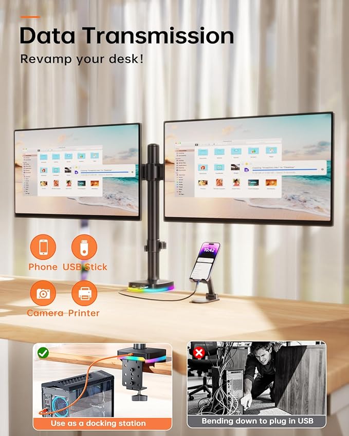 Afaloona RGB Dual Monitor Desk Mount, Monitor Stand with 3 USB Ports, Charging and USB Data Transfer Function, Adjustable Arms for 13-27" Monitors up to 17.6lbs, VESA 75x75-100x100mm,Ergonomic Design