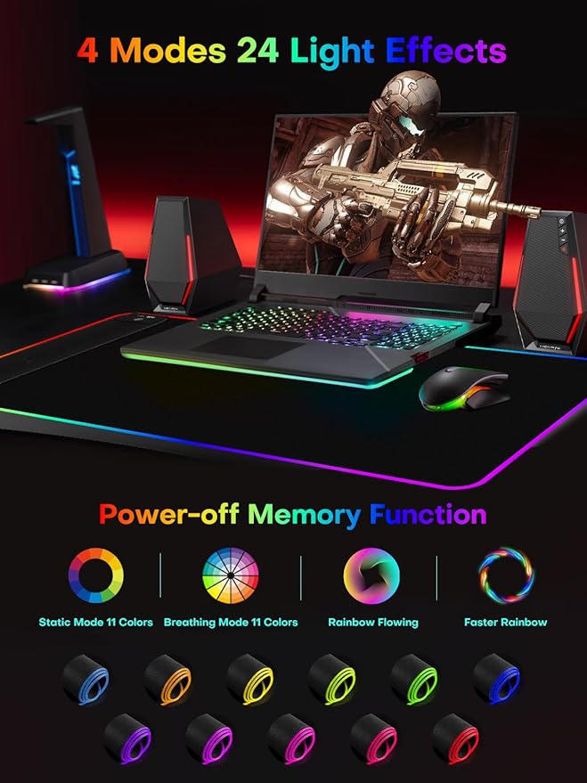 2-in-1 RGB Gaming Mouse Pad with Wireless Charging, 31.5"x15.8" Large, 24 Light Effects, Non-Slip Base, Waterproof Ultra-Smooth Surface, No Adapter
