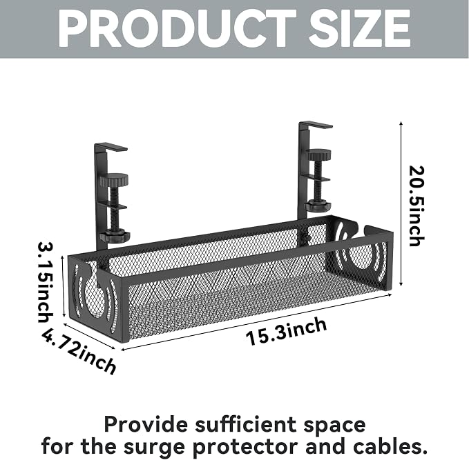 Cable Management, 15'' Under Desk Cable Management Tray No Drill, Metal Cable Organizer with Clamp for Wire Management, Cord Organizer for Home Office, Desk Accessories Organizer, Black - Image 5
