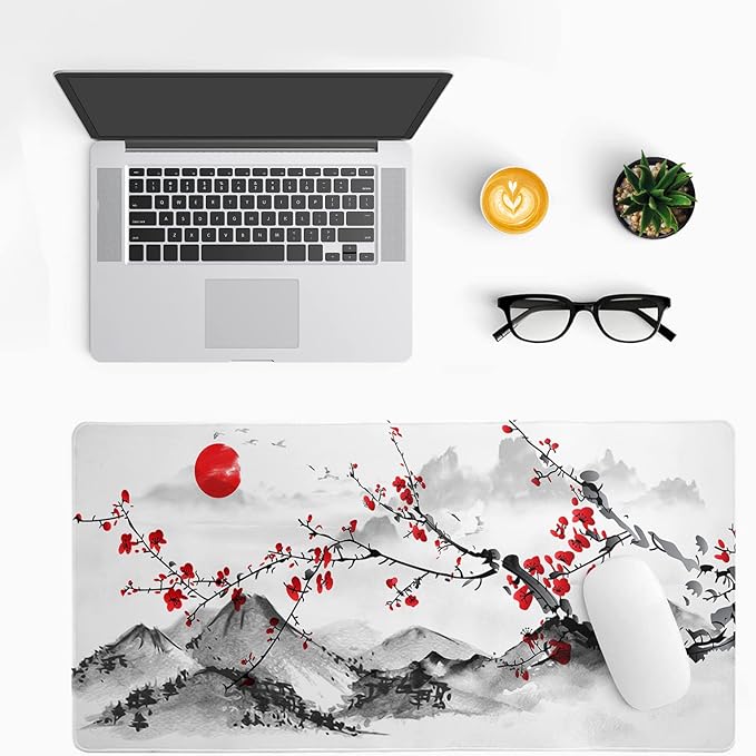 Japanese Cherry Blossom Gaming Mouse Pad 27.6x11.8 Inch Pink Full Desk Sakura Large Non-Slip Rubber Base Waterproof Big Keyboard Mat With Stitched Edges for Office