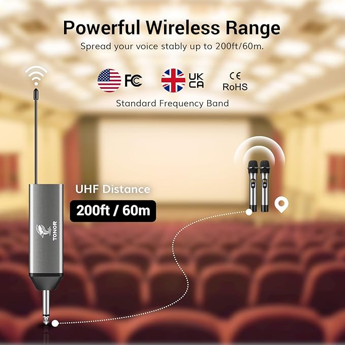 TONOR Wireless Microphones, 60 m/200ft UHF Dual Cordless Metal Dynamic Mic System with Receiver, Microfonos Inalambricos Professional for Karaoke Singing, Wedding, Party, Speech, Church, TW630 Silver
