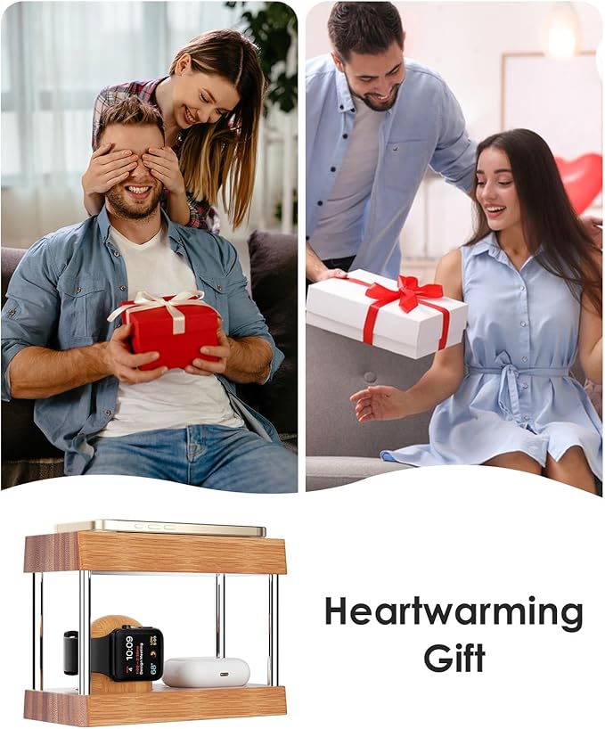 Bamboo Wireless Charging Station with Light: Ideal Gifts for Her Him 4 in 1 Charging Station for Multiple Devices, Bedside Wireless Charger for iPhones 16-8/Pro/AirPods/iWatch