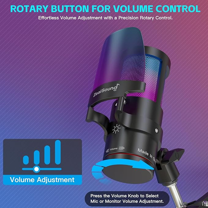 ZealSound Gaming Microphone for PC/Mac/iPhone/Phone – 192kHz/24-bit Podcast Mic with Noise Reduction, Tap-to-Mute, Gain, Monitoring, Boom Arm, Pop Filter, RGB Lighting for Streaming, Gaming, Recording