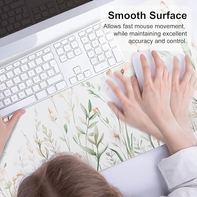 QIYI Large Mouse Pad for Desk, Floral Computer Desk Mat for Keyboard and Mouse, Non-Slip Rubber Base Waterproof Leather Desk Pad, Green Leaves Gaming Mousepad Office Desk Accessories, 31.5" x 15.7"